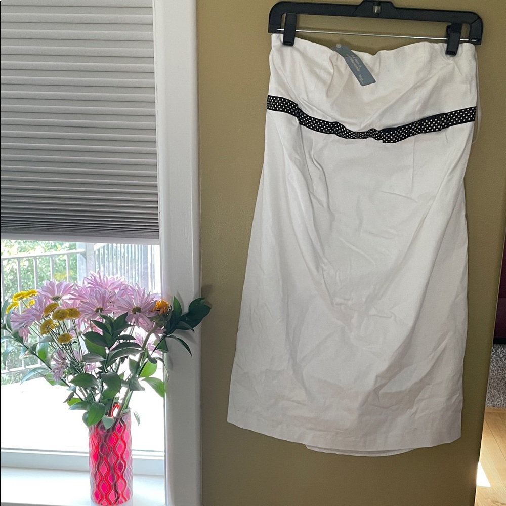 NWT Mimi Maternity White Midi Dress with Black Polka Dot Trim